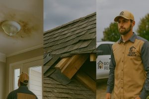 Roof damage and water stains visible.