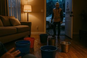 Buckets collecting water in living room
