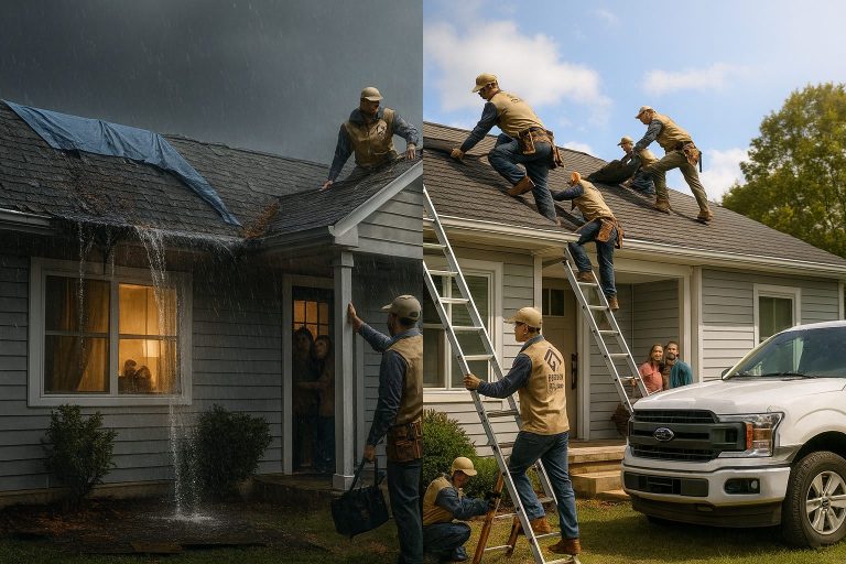 Roof repair during heavy rainstorm.