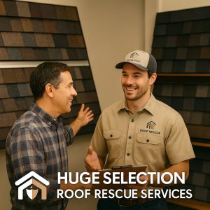 Two men discussing roofing materials.