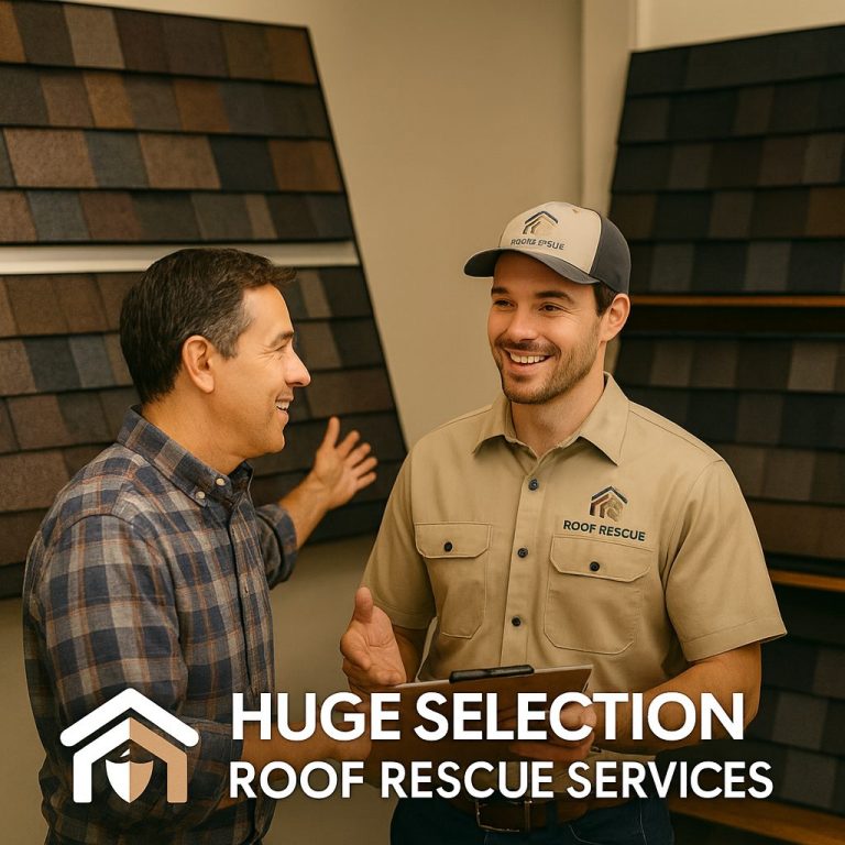 Two men discussing roofing materials.