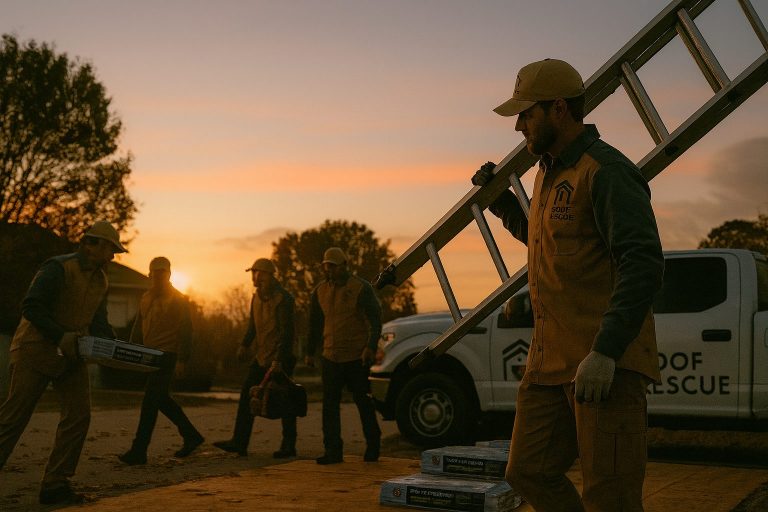 Workers carrying materials at sunset.